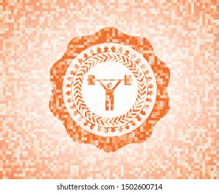 weightlifting icon inside abstract emblem, orange mosaic background