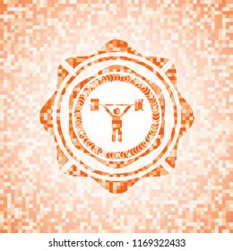 weightlifting icon inside abstract orange mosaic emblem