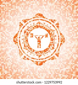 weightlifting icon inside abstract orange mosaic emblem