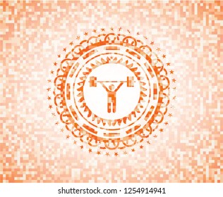 weightlifting icon inside abstract orange mosaic emblem with background