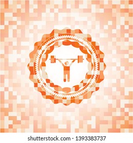 weightlifting icon inside abstract orange mosaic emblem with background