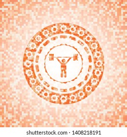 weightlifting icon inside abstract orange mosaic emblem with background