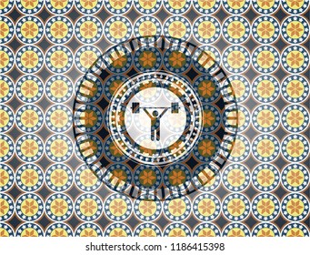 weightlifting icon inside arabesque badge. arabic decoration.