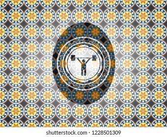 weightlifting icon inside arabesque badge background. arabic decoration.