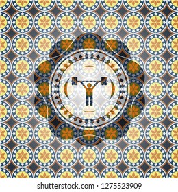 weightlifting icon inside arabesque badge. arabic decoration.