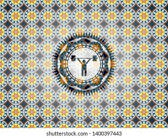 weightlifting icon inside arabesque badge background. arabic decoration.