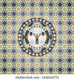 weightlifting icon inside arabesque badge. arabic decoration.