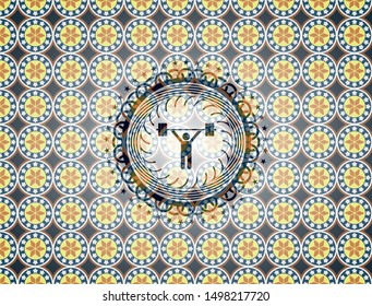 weightlifting icon inside arabesque emblem background. arabic decoration.