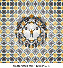 weightlifting icon inside arabesque style badge. arabic decoration.