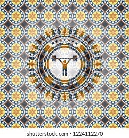 weightlifting icon inside arabic badge. Arabesque decoration.