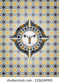 weightlifting icon inside arabic badge. Arabesque decoration.