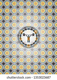 weightlifting icon inside arabic badge background. Arabesque decoration.