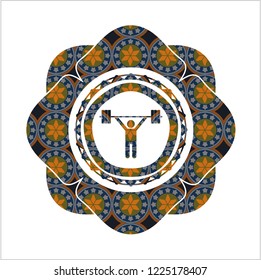weightlifting icon inside arabic emblem. Arabesque decoration.