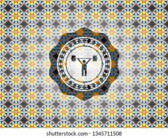 weightlifting icon inside arabic emblem. Arabesque decoration.