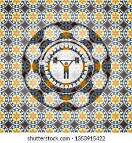 weightlifting icon inside arabic emblem background. Arabesque decoration.