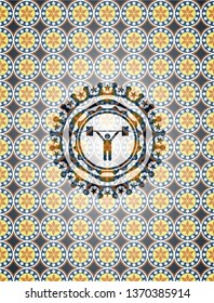 weightlifting icon inside arabic emblem background. Arabesque decoration.