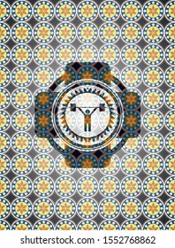 weightlifting icon inside arabic emblem background. Arabesque decoration.
