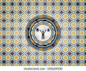 weightlifting icon inside arabic emblem. Arabesque decoration.