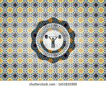 weightlifting icon inside arabic emblem. Arabesque decoration.