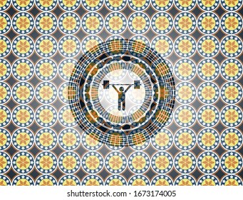 icono de levantamiento de pesas dentro del fondo del emblema árabe. Decoración árabe.