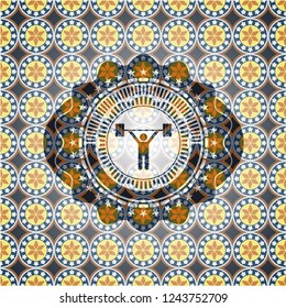 weightlifting icon inside arabic style badge. Arabesque decoration.