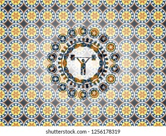 weightlifting icon inside arabic style badge. Arabesque decoration.