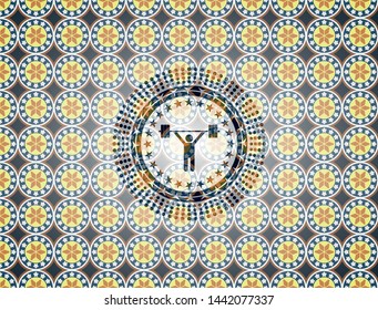 weightlifting icon inside arabic style emblem. Arabesque decoration.