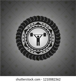 weightlifting icon inside black emblem. Vintage.