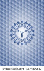 weightlifting icon inside blue badge with geometric pattern background.