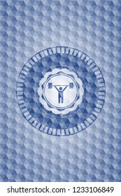 weightlifting icon inside blue emblem with geometric pattern background.
