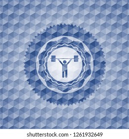 weightlifting icon inside blue emblem with geometric background.