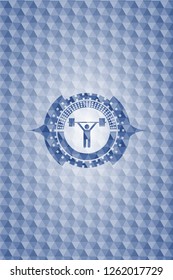weightlifting icon inside blue emblem with geometric pattern.
