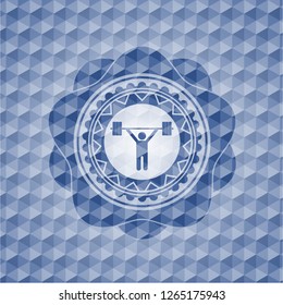 weightlifting icon inside blue emblem with geometric pattern.