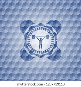 weightlifting icon inside blue emblem or badge with abstract geometric polygonal pattern background.