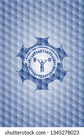 weightlifting icon inside blue emblem or badge with abstract geometric polygonal pattern background.