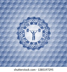weightlifting icon inside blue emblem with geometric background.