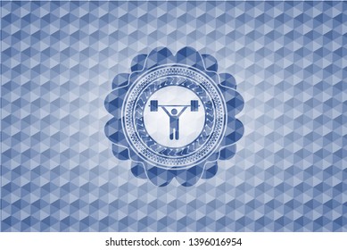 weightlifting icon inside blue emblem or badge with geometric pattern background.