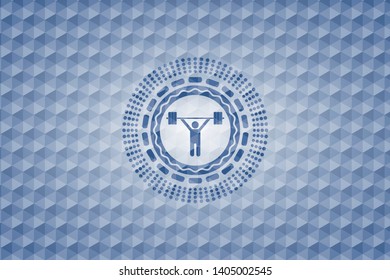 weightlifting icon inside blue emblem with geometric background.