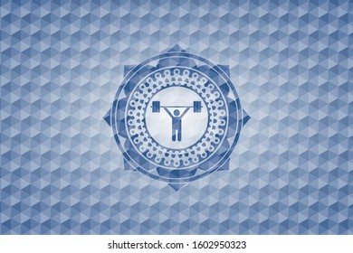 weightlifting icon inside blue polygonal emblem.