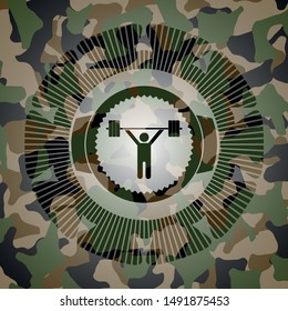 weightlifting icon inside camouflage emblem