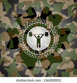weightlifting icon inside camouflage texture