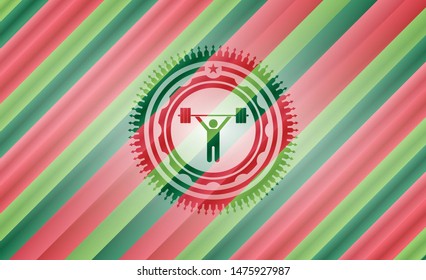 weightlifting icon inside christmas colors emblem.
