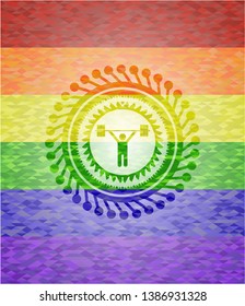 weightlifting icon inside emblem on mosaic background with the colors of the LGBT flag