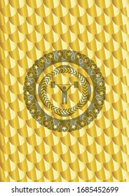 weightlifting icon inside gold badge or emblem. Scales pattern. Vector Illustration. Detailed.