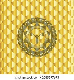 weightlifting icon inside gold emblem. Scales pattern. Vector Illustration. Detailed. 
