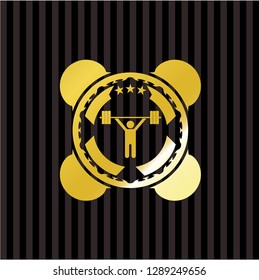 weightlifting icon inside golden emblem or badge