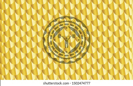 weightlifting icon inside golden emblem or badge. Scales pattern. Vector Illustration. Detailed.