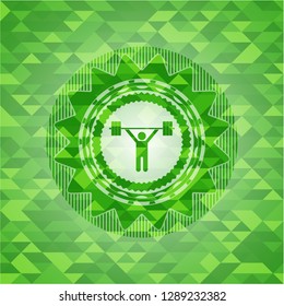 weightlifting icon inside green emblem. Mosaic background