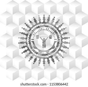 weightlifting icon inside grey badge with geometric cube white background