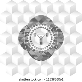weightlifting icon inside grey icon or emblem with geometric cube white background